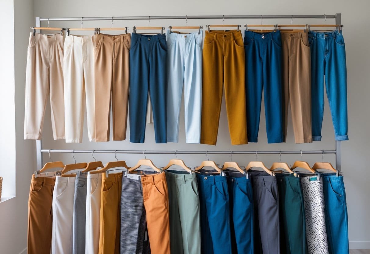 A clothing rack with a variety of pants neatly displayed in a bright, clean setting.