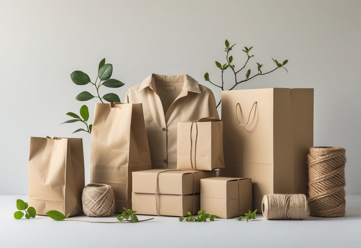 Eco-friendly clothing packaging materials including recycled paper boxes, biodegradable bags, and natural fiber twine arranged with green leaves on a neutral background.
