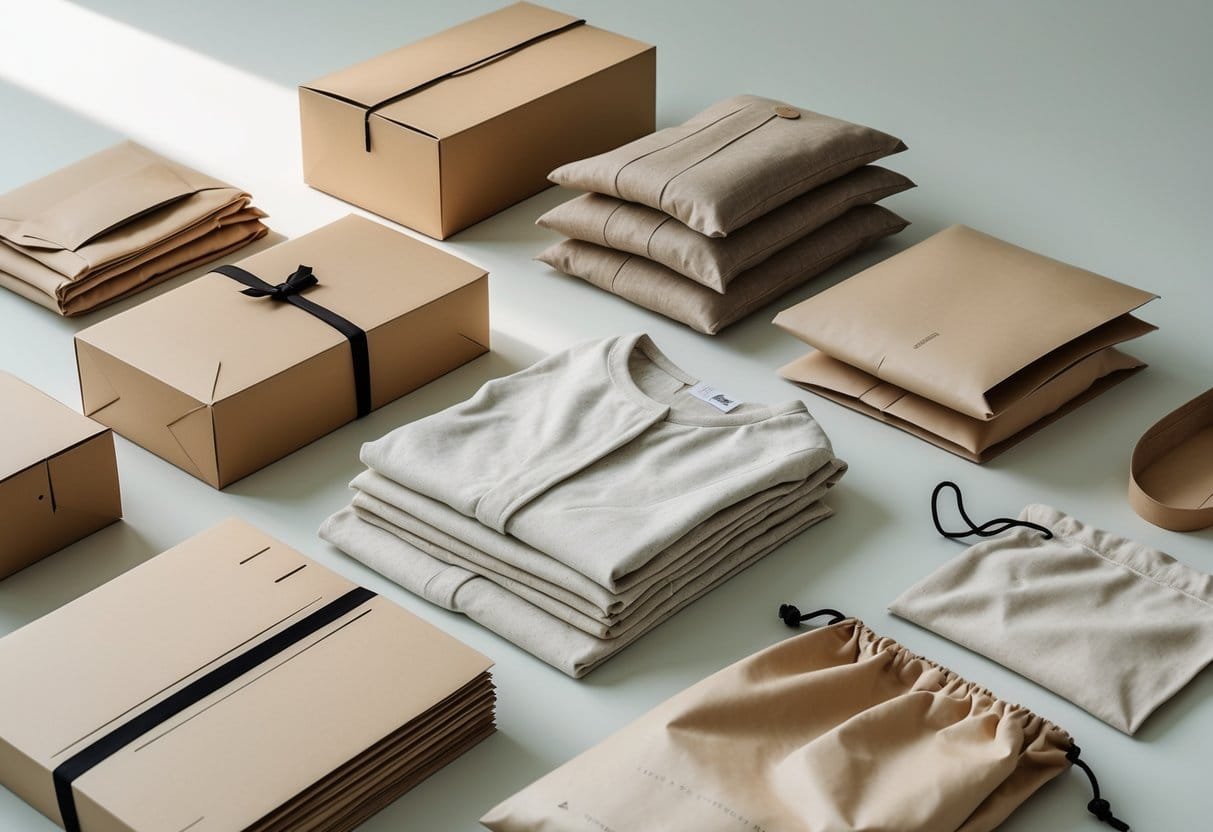 Various eco-friendly clothing packaging materials including recycled boxes, biodegradable bags, and reusable cotton bags arranged with folded neutral-toned clothes on a light surface.