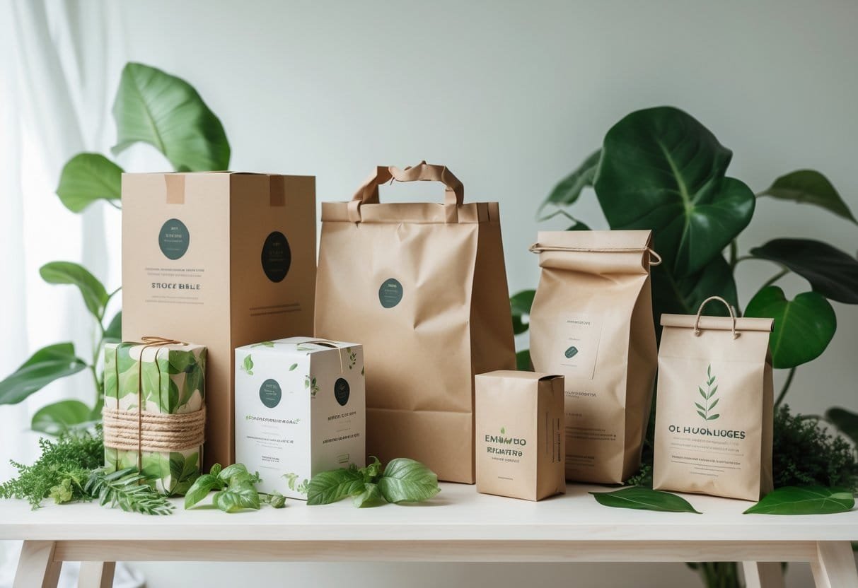 Eco-friendly clothing packaging made from recycled and biodegradable materials arranged on a wooden table with green plants nearby.
