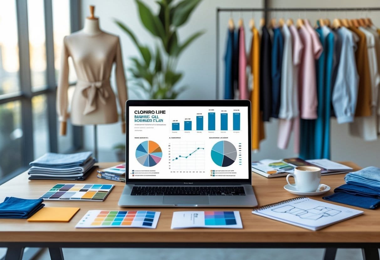 Workspace with laptop, fabric swatches, clothing sketches, and a mannequin displaying apparel in a bright room.