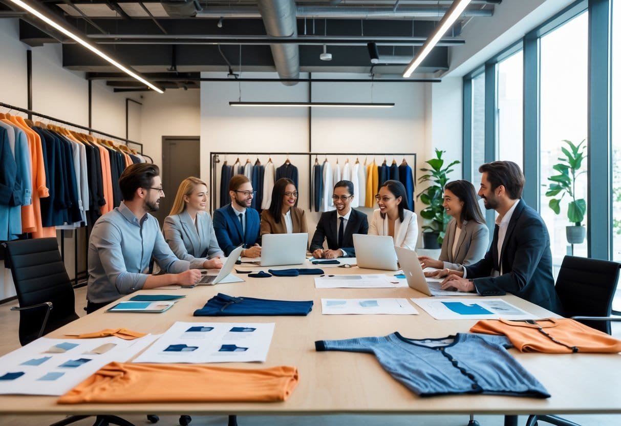 A diverse team of professionals collaborating in a modern office with clothing racks and design materials around them.