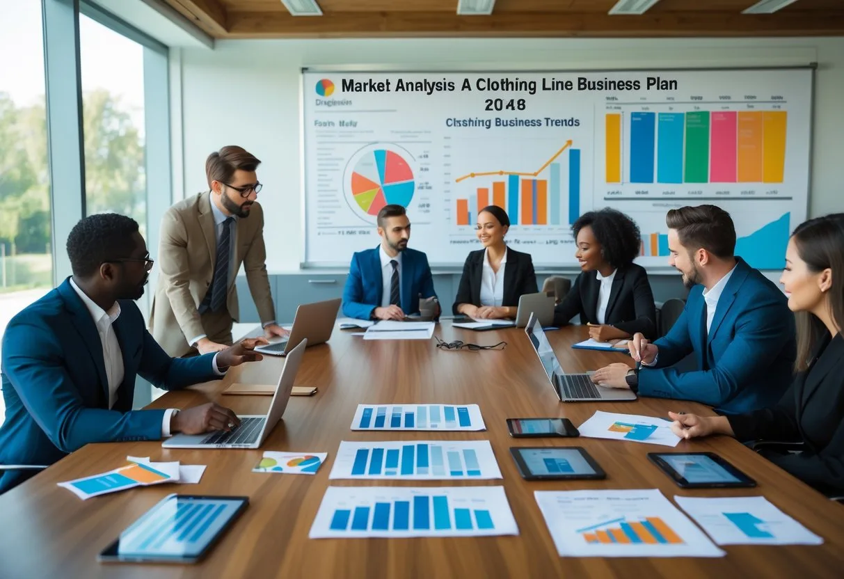 A group of business professionals collaborating around a table with laptops, charts, and clothing samples in an office.