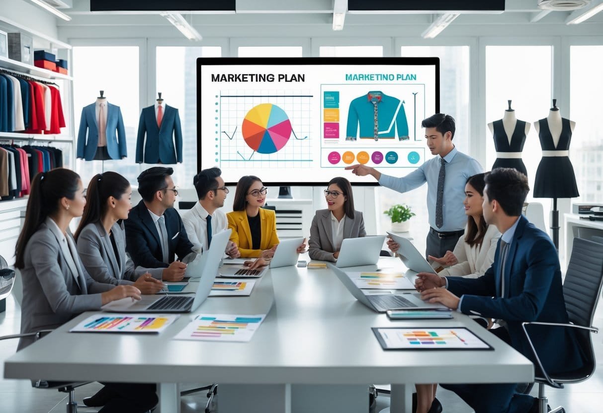 A group of professionals discussing marketing strategies for a clothing line around a conference table with laptops and charts in a bright office.
