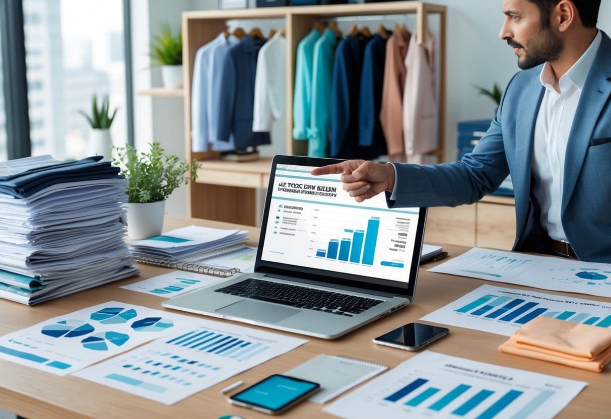 A person reviewing financial documents and fashion design sketches at a desk in a bright office with clothing items on shelves.