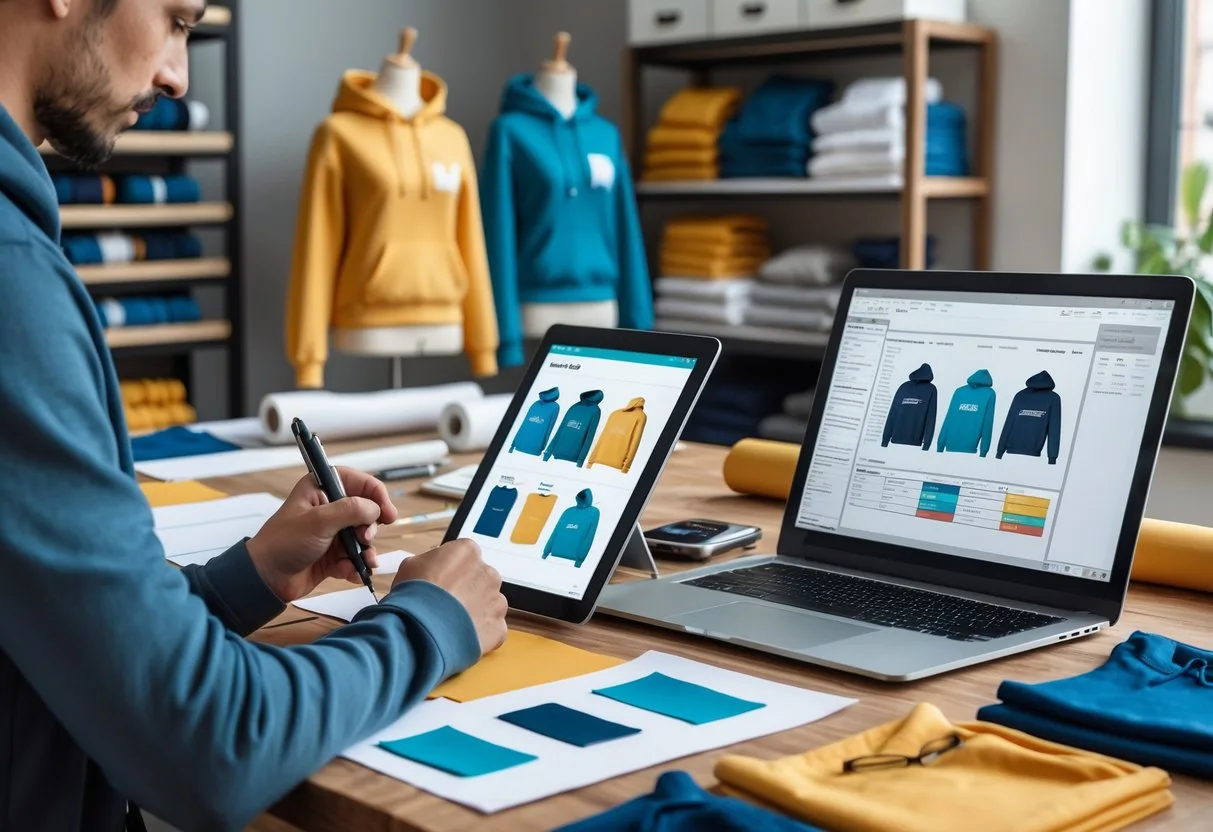 A designer's workspace with hands sketching hoodie designs on a tablet, fabric samples, sewing tools, a laptop showing cost analysis, and hoodie prototypes on mannequins in the background.