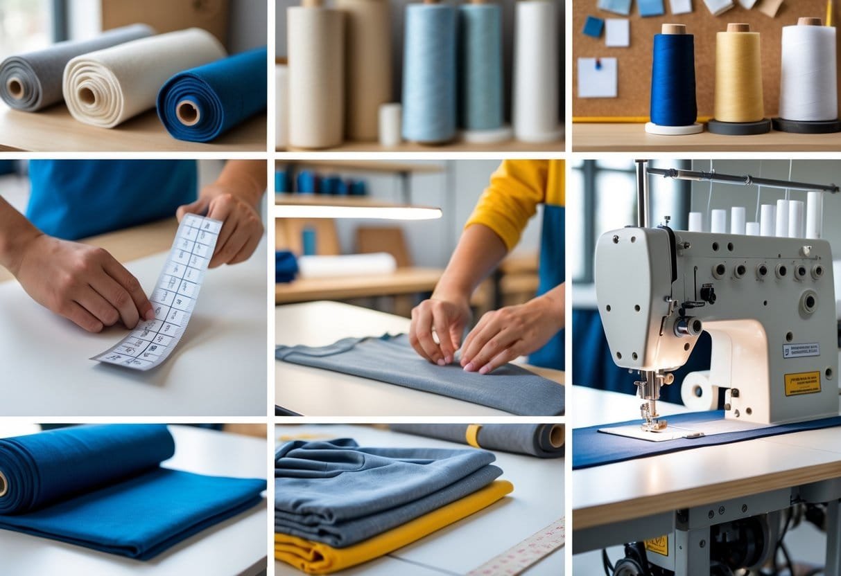 A workspace showing hands measuring fabric, sewing a hoodie, and fabric samples on a table in a clothing production setting.