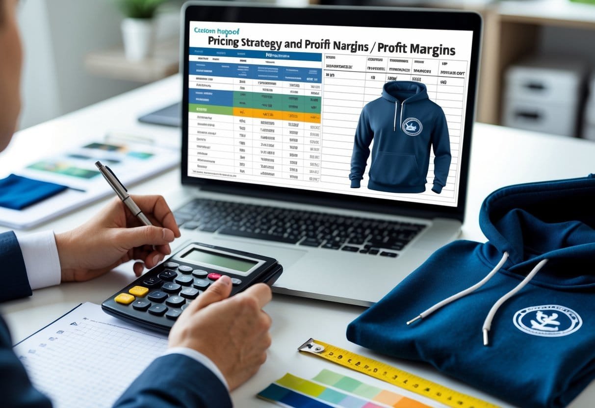 Hands using a calculator and writing notes next to a laptop showing cost calculations, with a custom hoodie and fabric samples on a desk in an office setting.