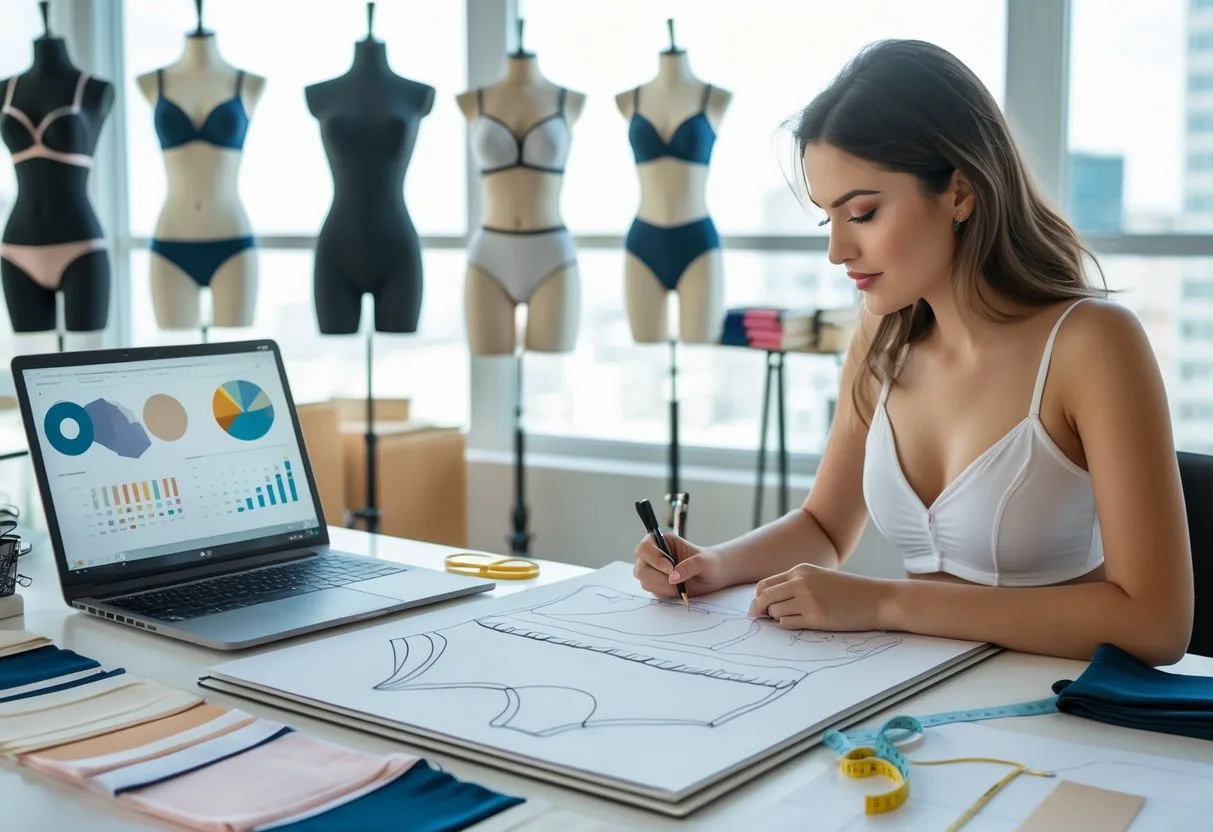 A woman sketching lingerie designs at a desk with fabric samples, sewing tools, and a laptop showing market research, surrounded by mannequins wearing underwear.