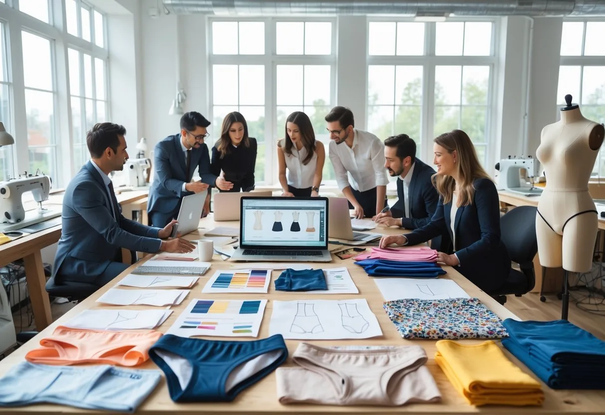 A group of people working together in a design studio with underwear sketches, fabric samples, mannequins, and sewing equipment.