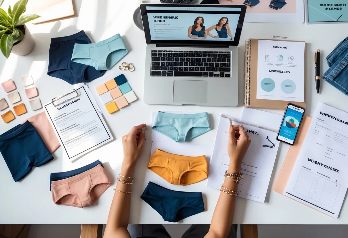 A person working at a desk with underwear samples, branding materials, packaging prototypes, and a laptop showing legal documents.