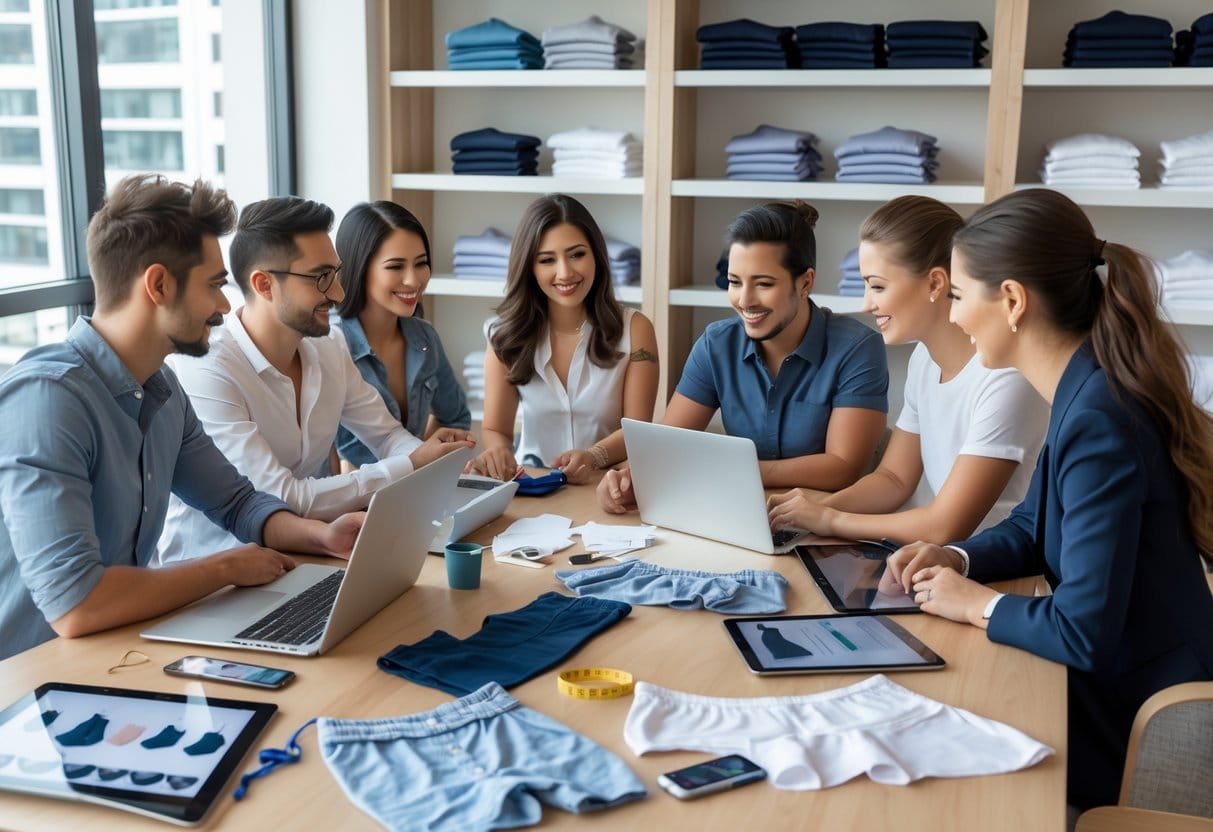 A group of people working together at a table with laptops, fabric samples, and underwear designs, planning an online underwear business.