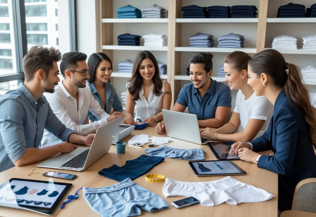 A group of people working together at a table with laptops, fabric samples, and underwear designs, planning an online underwear business.