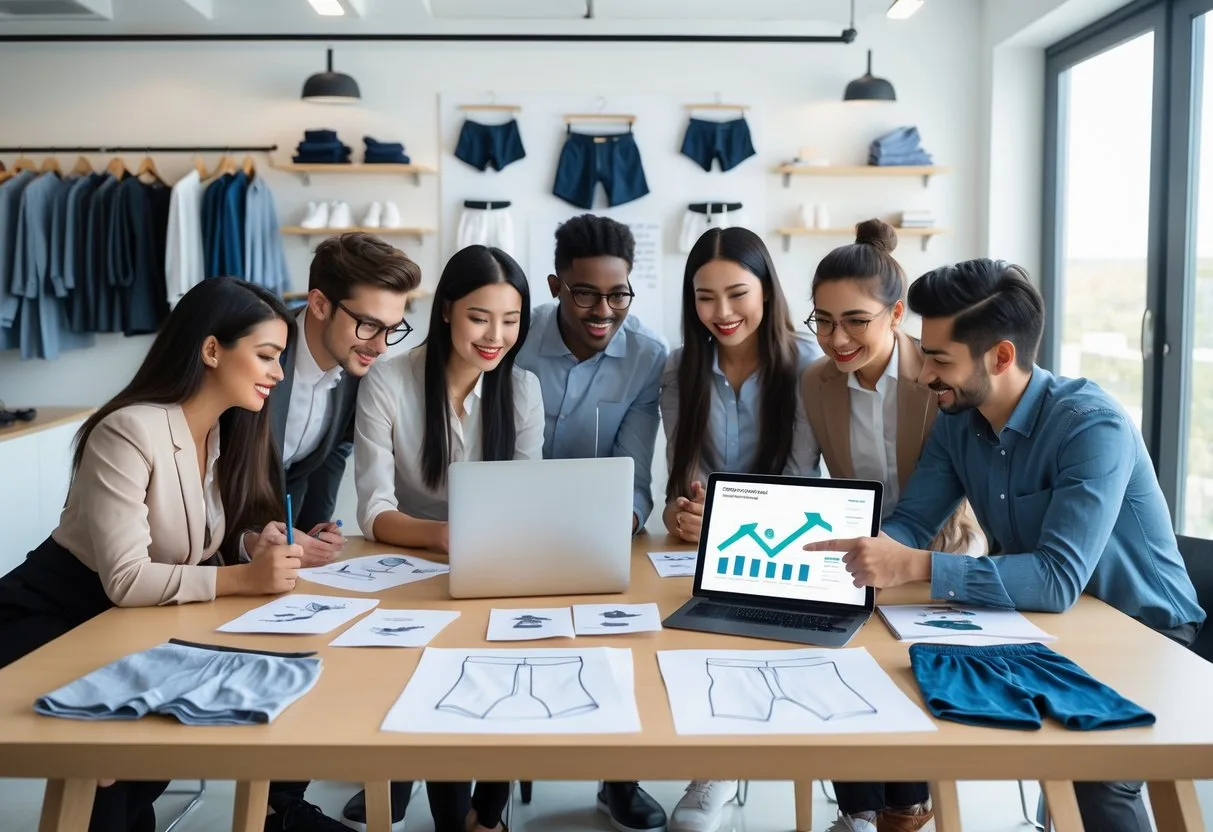 A group of young professionals working together around a table with underwear design sketches, fabric samples, and marketing charts in a modern office.