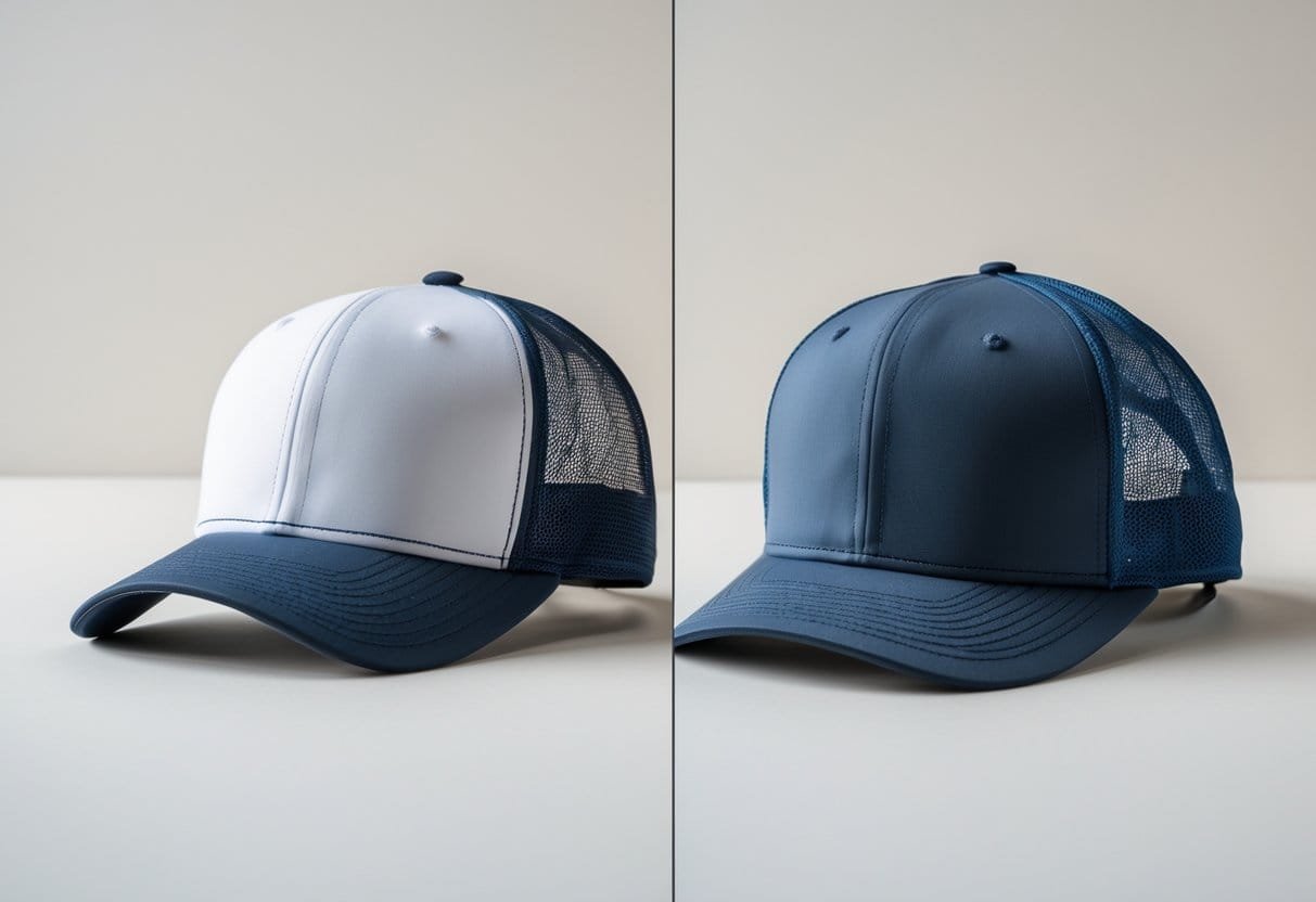 Two hats side by side on a plain background: a trucker hat with mesh back and a solid fabric baseball cap.