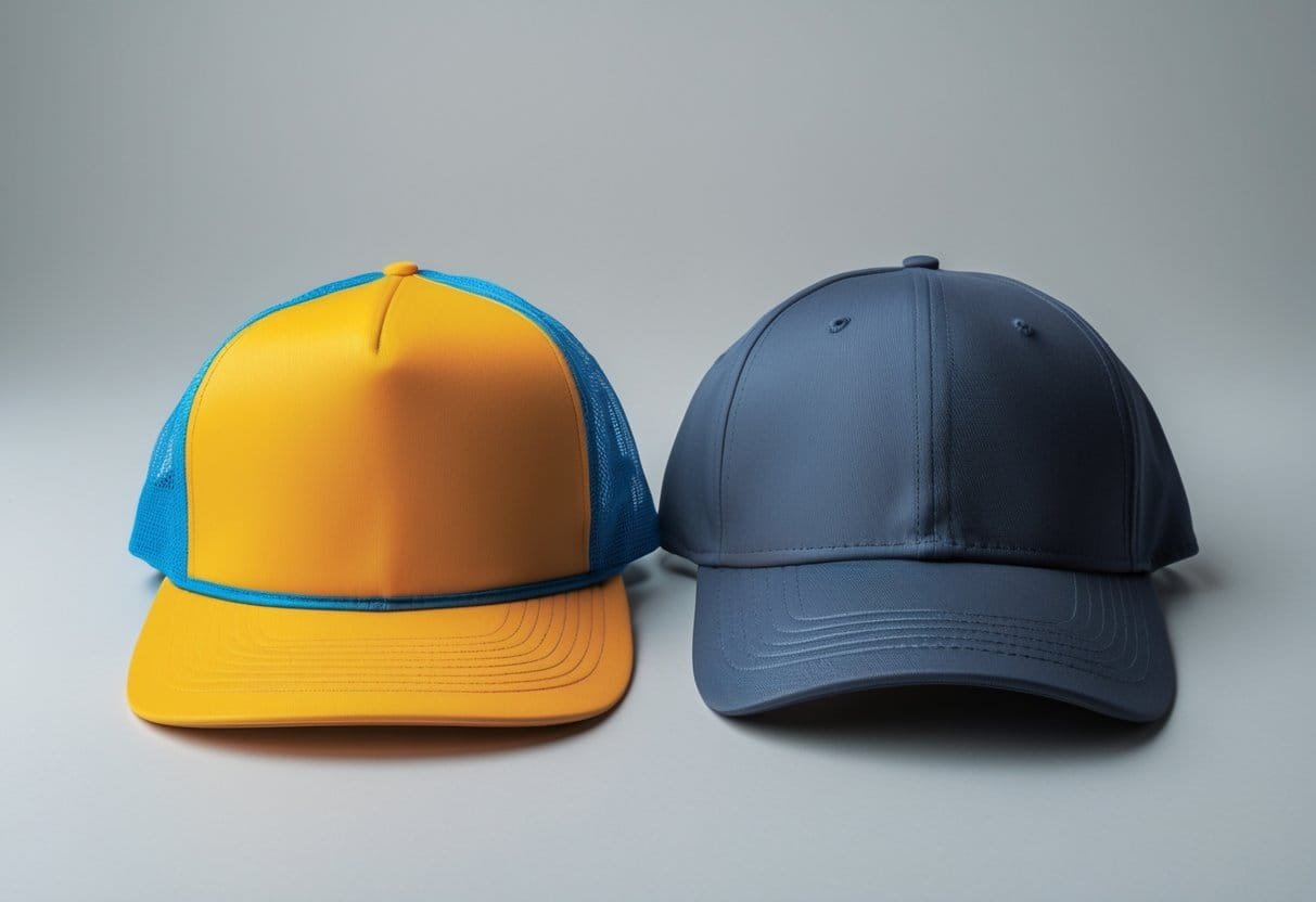 Two hats side by side on a neutral background: a mesh trucker hat and a solid fabric baseball cap.