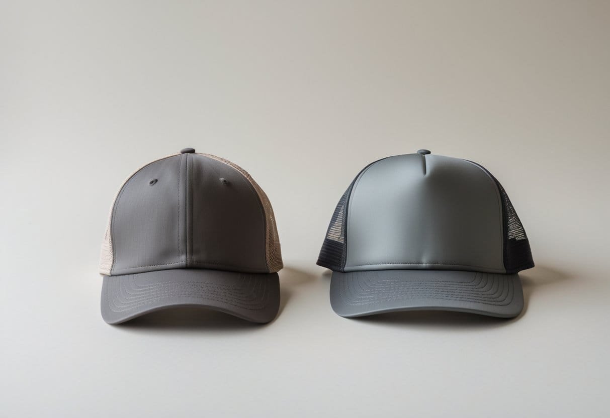 Two different hats displayed side by side on a plain background, one solid baseball cap and one mesh trucker hat.