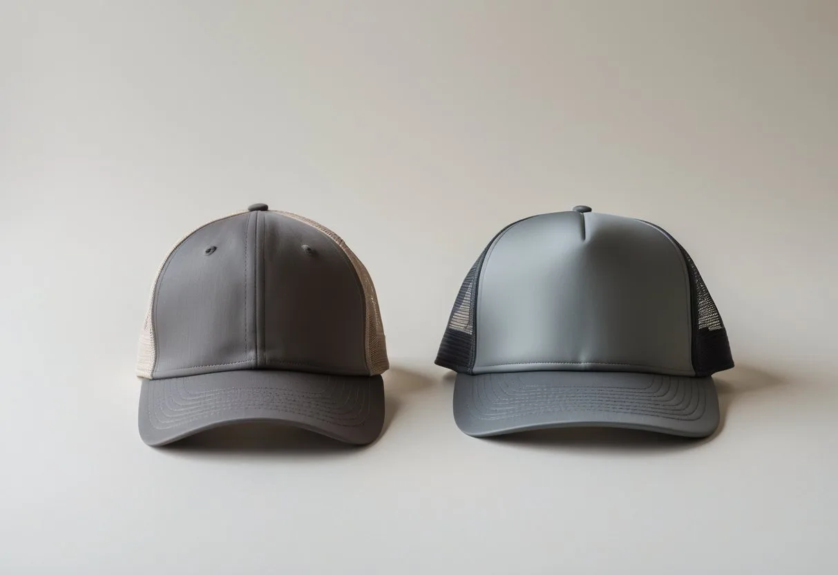 Two different hats displayed side by side on a plain background, one solid baseball cap and one mesh trucker hat.