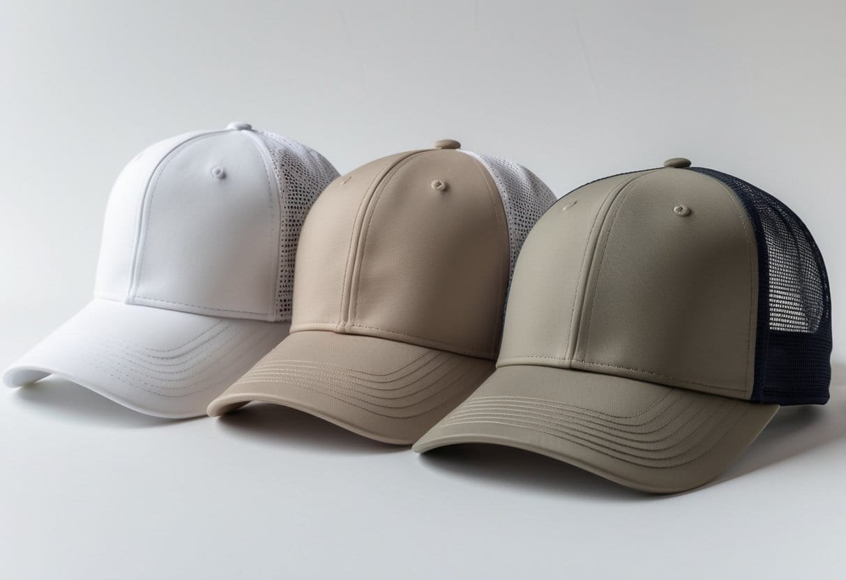 Three different hats side by side: a foam front trucker hat, an all-fabric trucker hat, and a baseball cap, displayed on a white background.