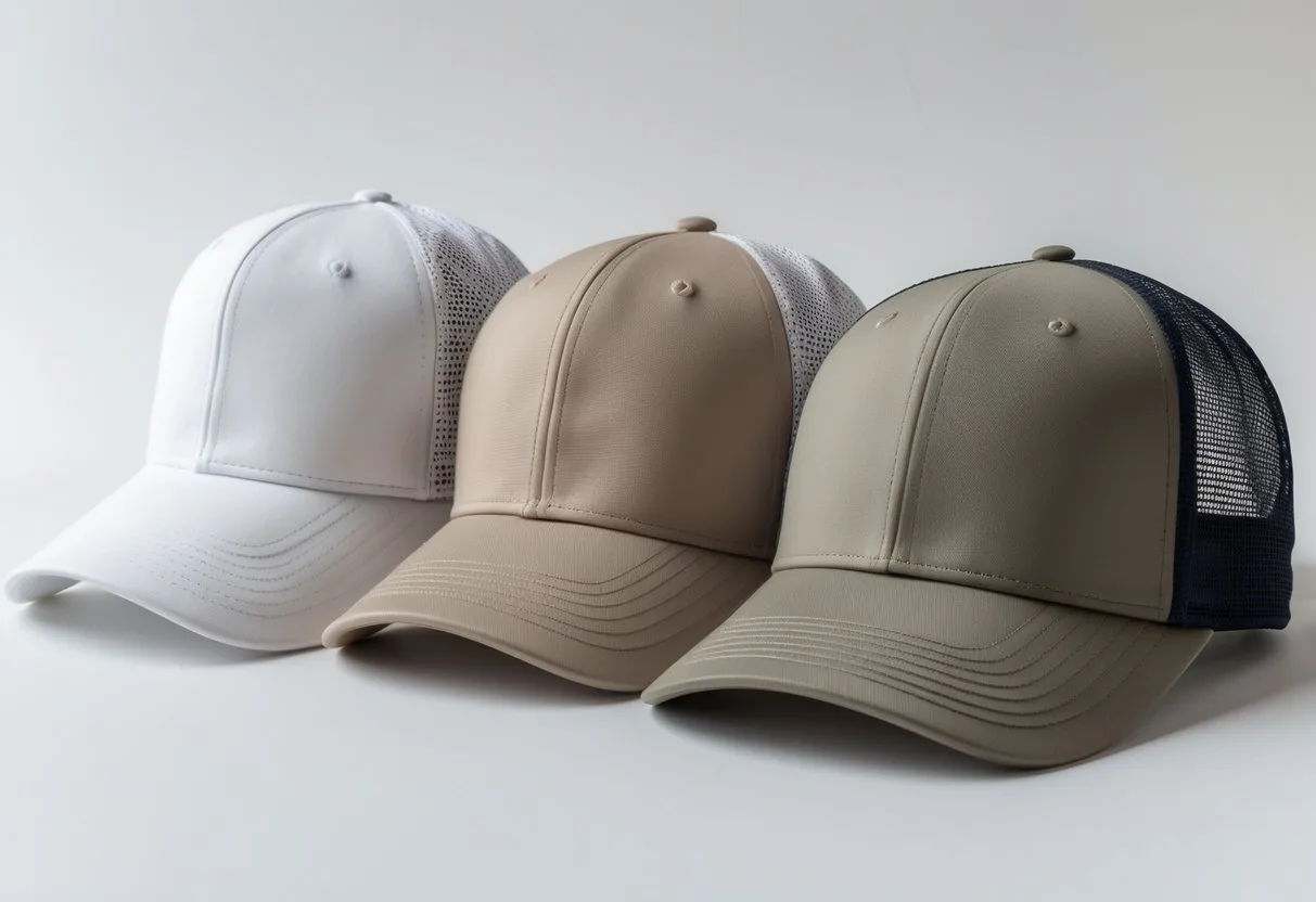 Three different hats side by side: a foam front trucker hat, an all-fabric trucker hat, and a baseball cap, displayed on a white background.