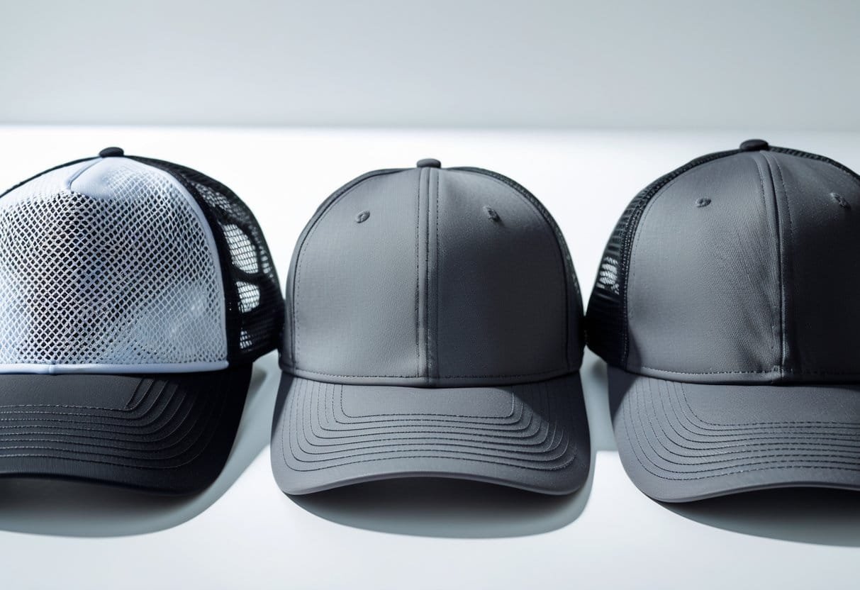 Three hats displayed side by side: a trucker hat with mesh back, a solid fabric baseball cap, and a close-up of the trucker hat's mesh back.