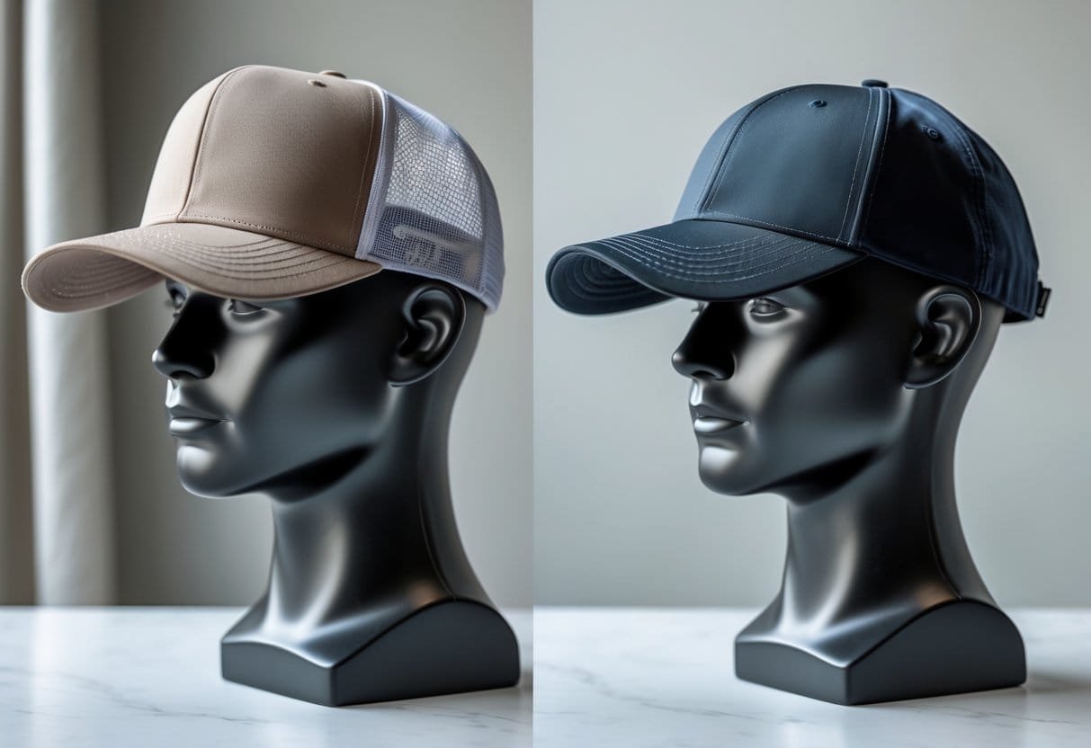 Two mannequin heads side by side wearing a trucker hat and a baseball cap, showing the different styles and fit of each hat.