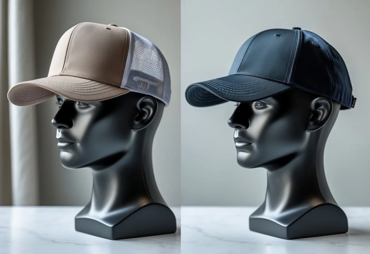 Two mannequin heads side by side wearing a trucker hat and a baseball cap, showing the different styles and fit of each hat.