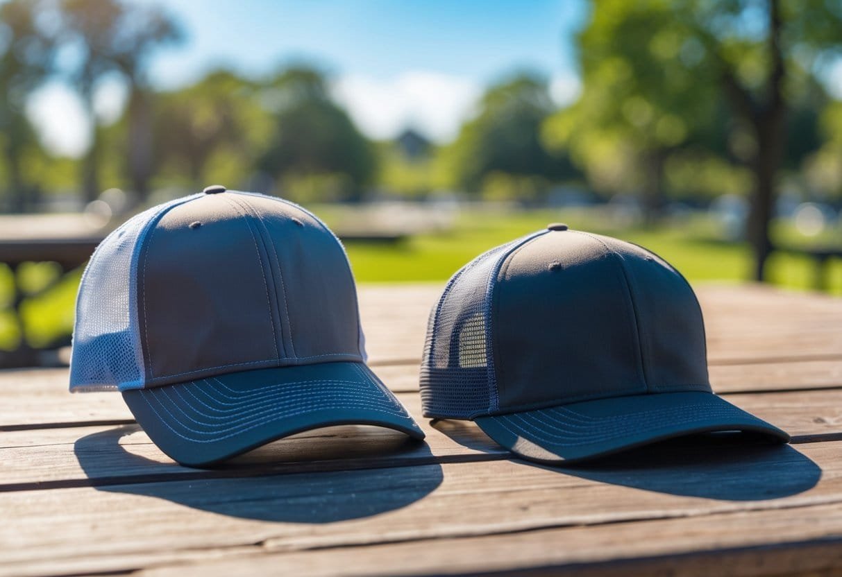 Two hats, a trucker hat and a baseball cap, placed side by side on a wooden table outdoors on a sunny day.