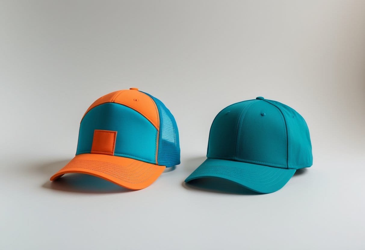 Two hats side by side on a plain background, one trucker hat and one baseball cap.