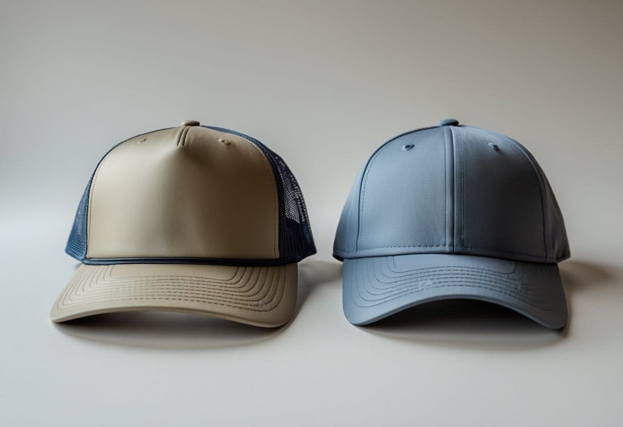 Two hats side by side on a plain background, one trucker hat with mesh back and one solid fabric baseball cap.