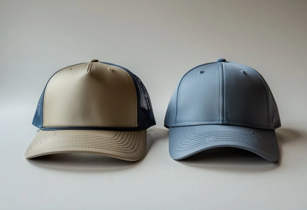 Two hats side by side on a plain background, one trucker hat with mesh back and one solid fabric baseball cap.