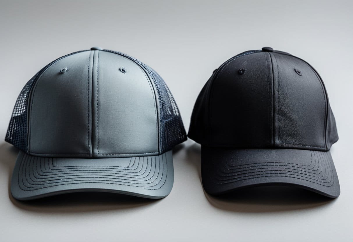 A close-up image showing a trucker hat and a baseball cap placed side by side on a plain background.