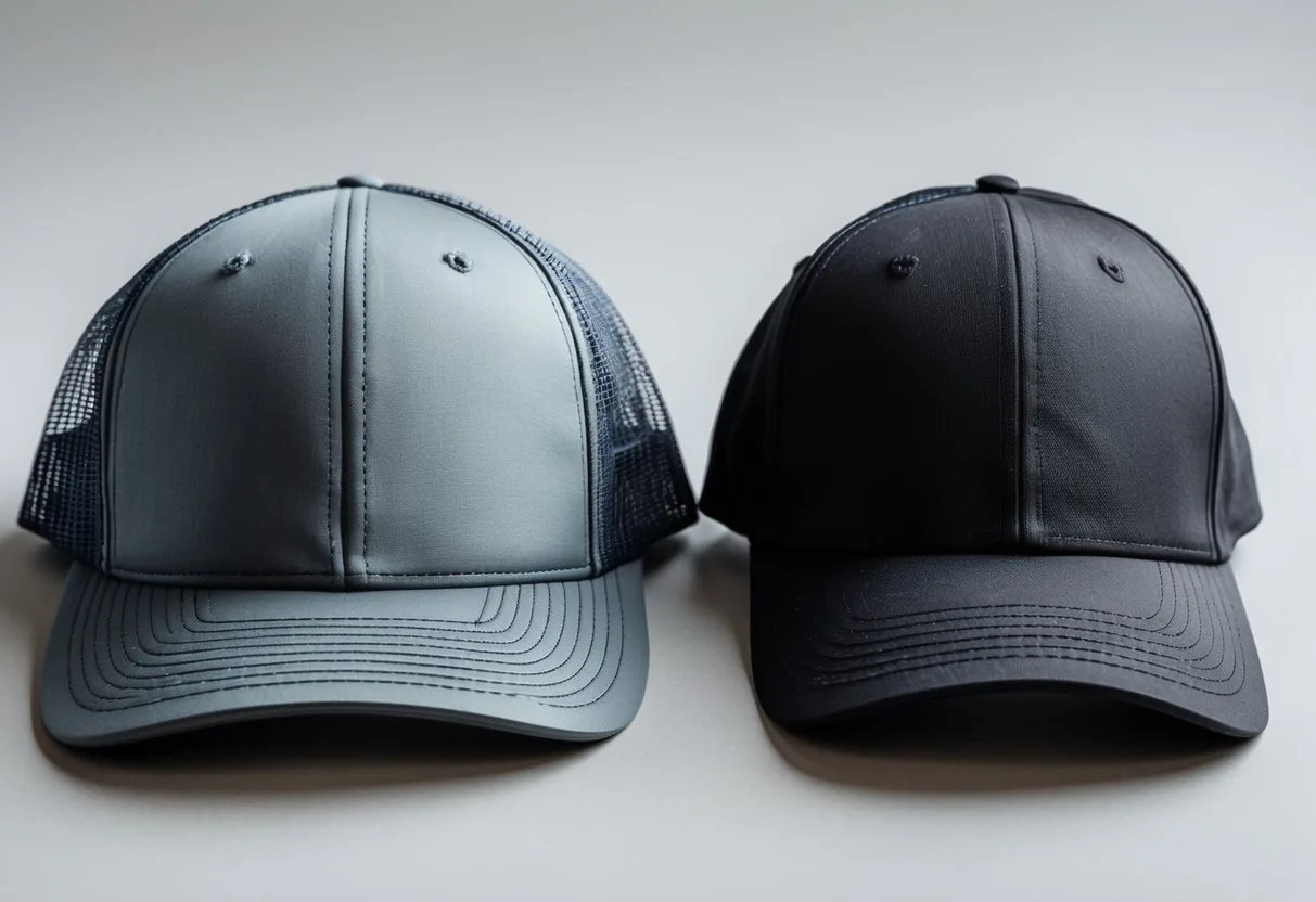 A close-up image showing a trucker hat and a baseball cap placed side by side on a plain background.
