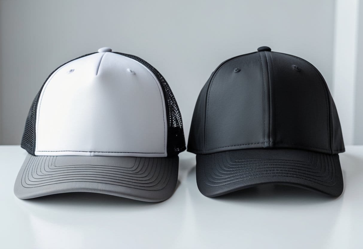Two hats placed side by side on a white surface, one trucker hat with mesh back and one solid fabric baseball cap.