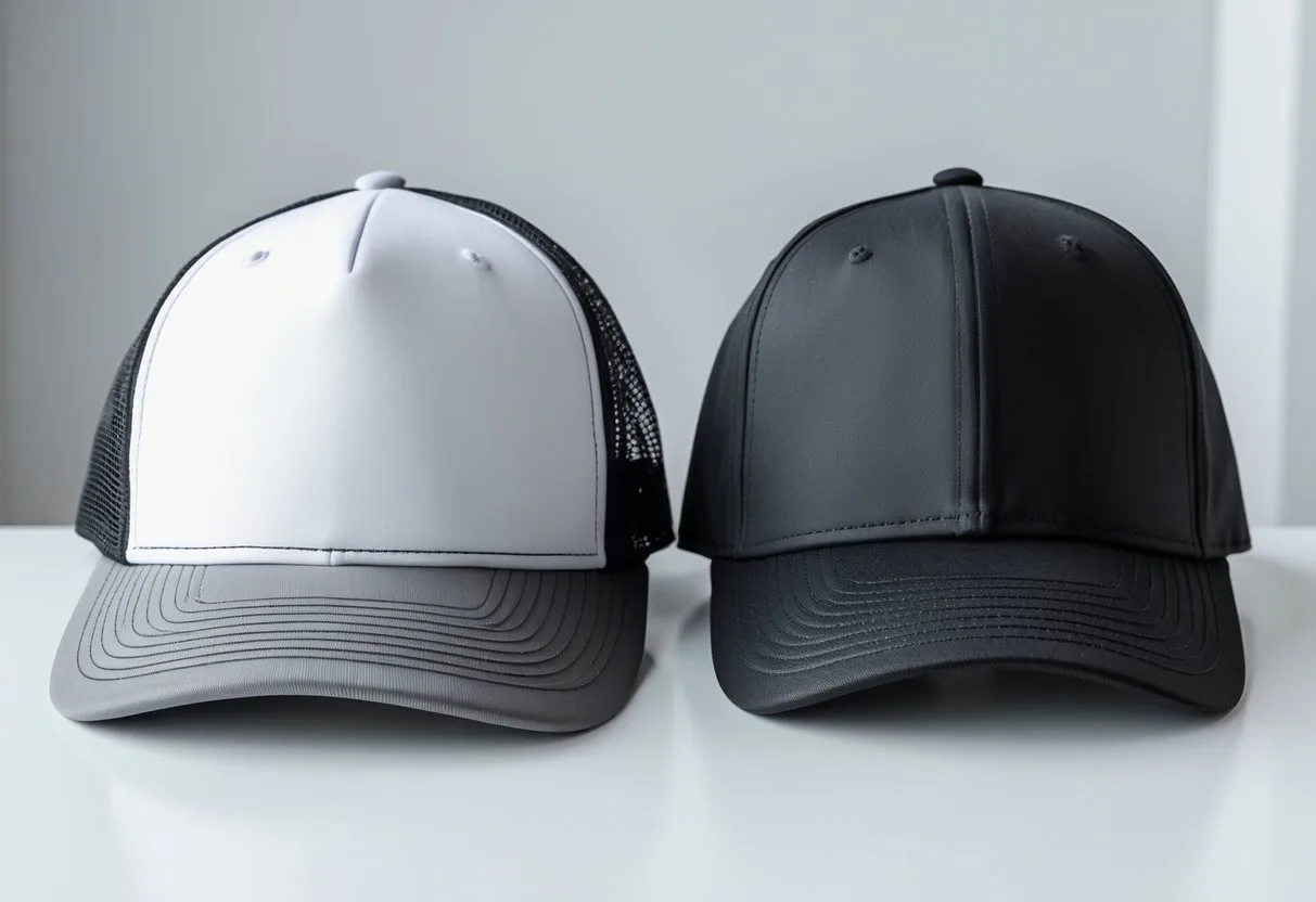 Two hats placed side by side on a white surface, one trucker hat with mesh back and one solid fabric baseball cap.