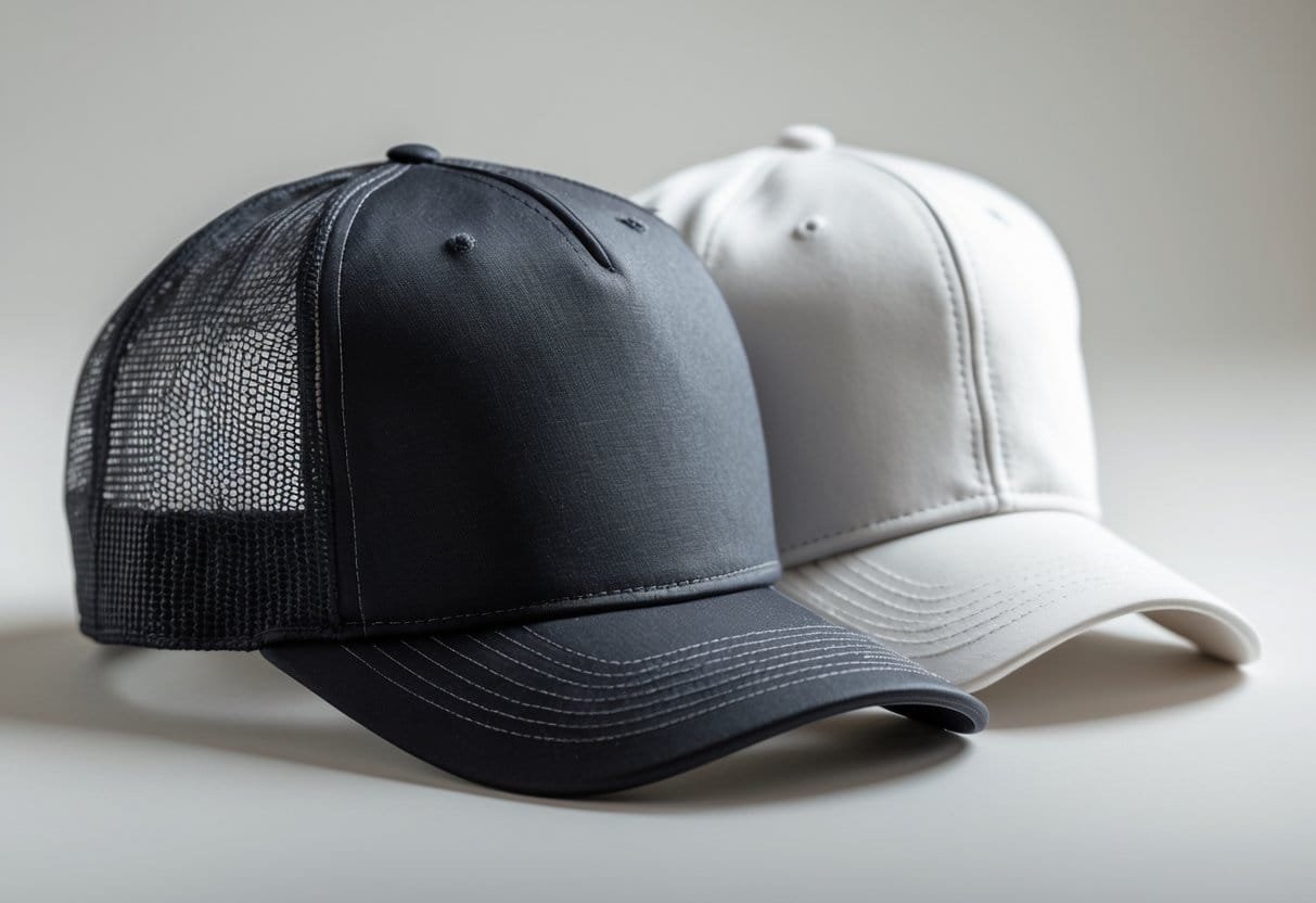 Two hats placed side by side on a neutral background, one with a mesh back and foam front, the other made of solid fabric with a curved brim.