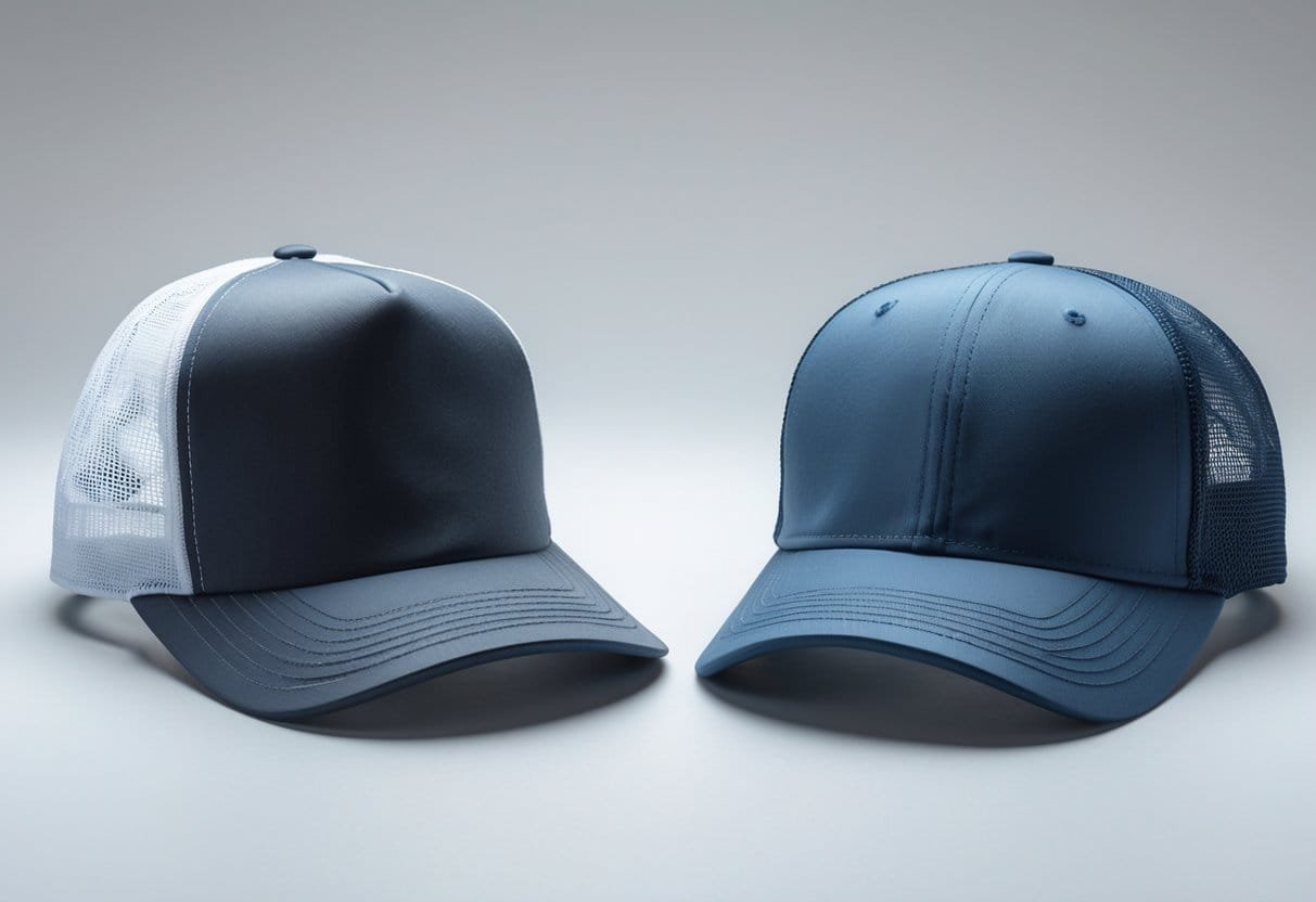 A trucker hat and a baseball cap placed side by side on a plain background.
