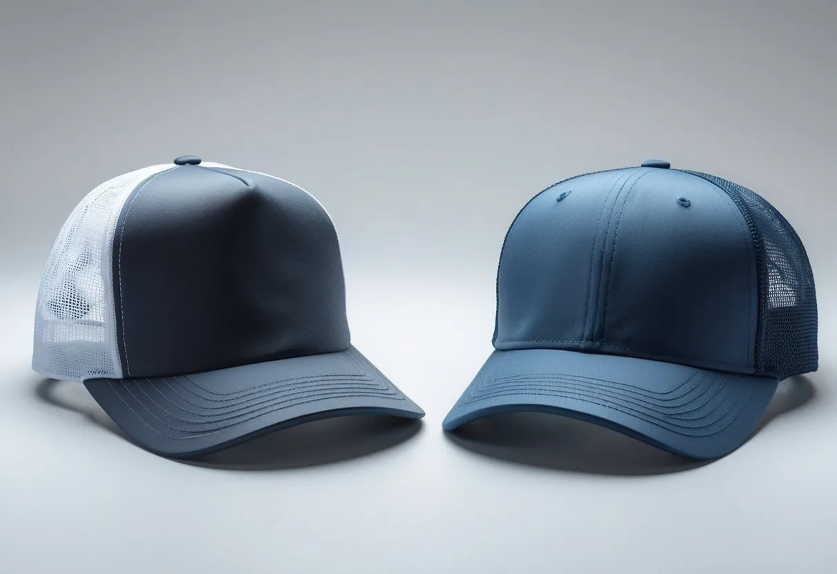 A trucker hat and a baseball cap placed side by side on a plain background.