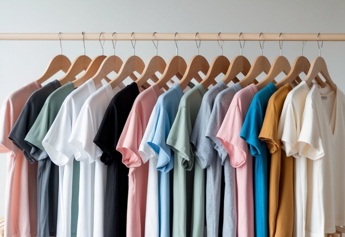 A collection of various women's V-neck T-shirts in different colors displayed on hangers and folded on a wooden surface.
