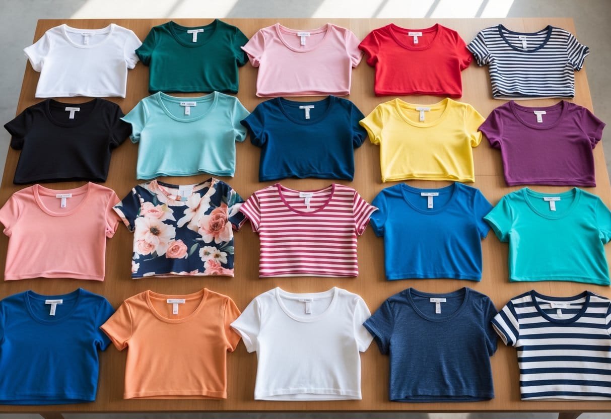 A collection of 28 different women's cropped T-shirts displayed neatly on a wooden table.