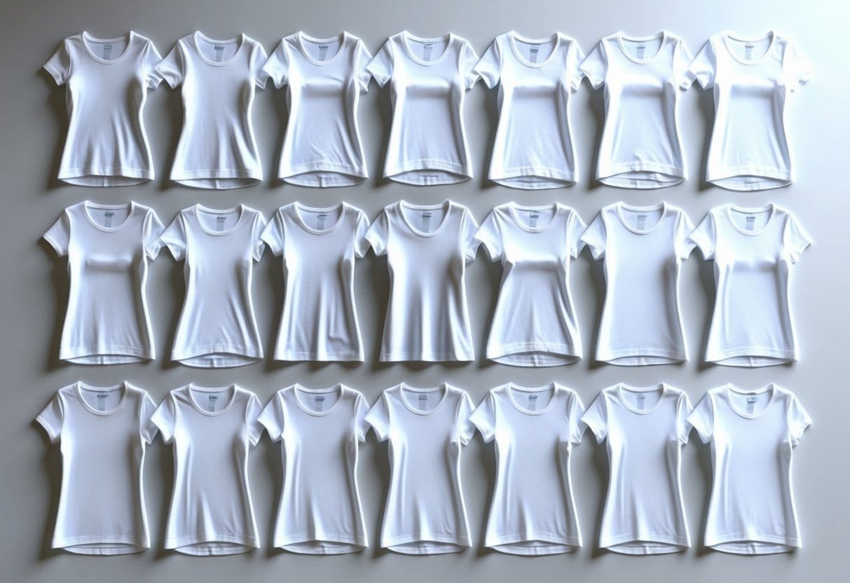 A collection of 28 different white t-shirts for women arranged on a light surface, showing various styles and sleeve lengths.