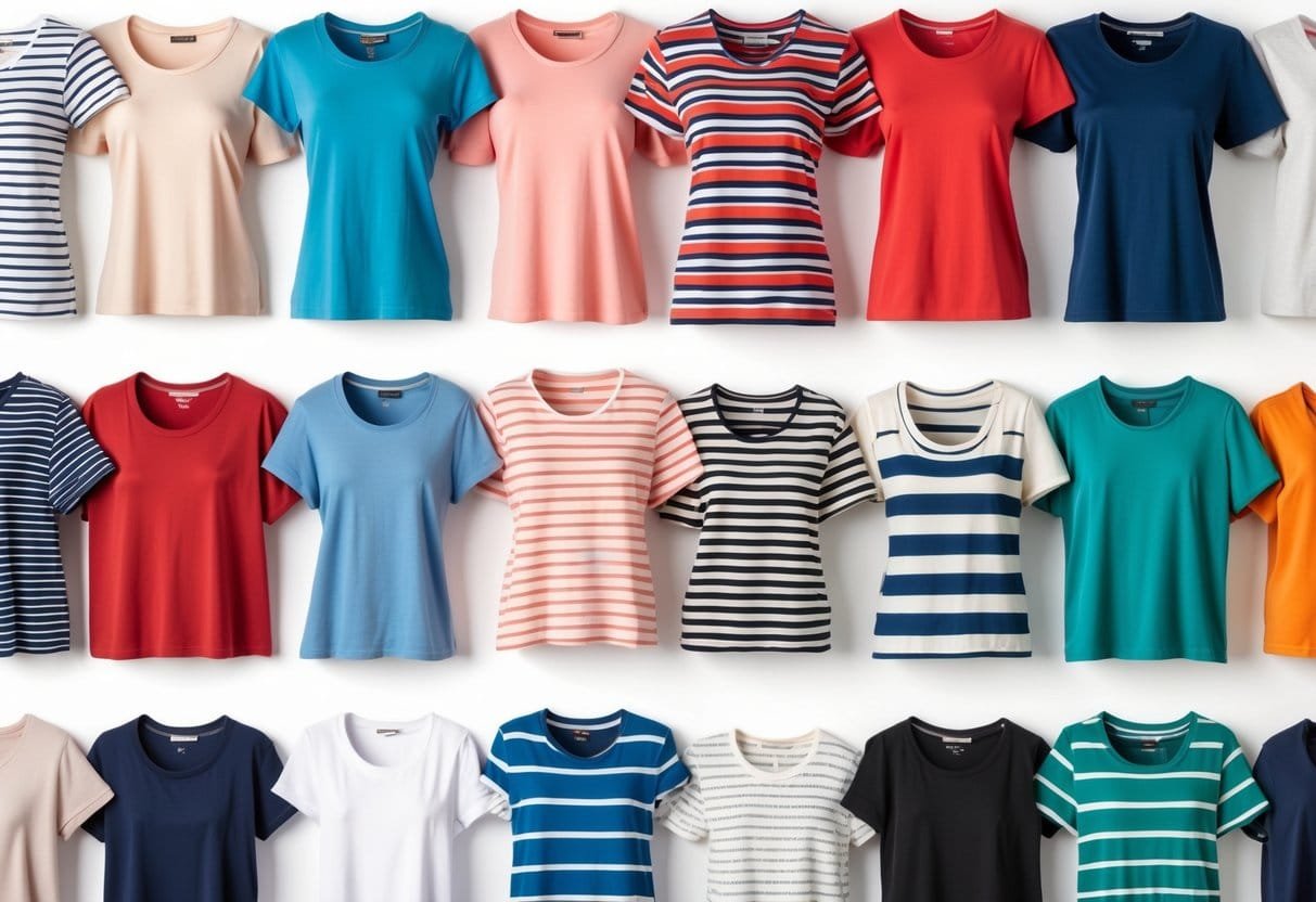 A collection of 28 women's T-shirts including various striped designs, arranged neatly on a white background.