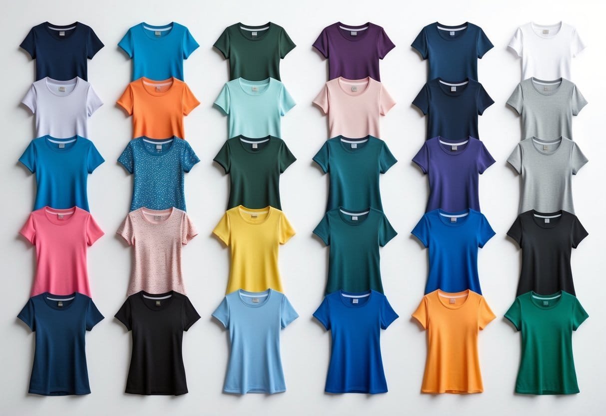 A collection of 28 women's cap sleeve T-shirts in various colors and patterns arranged neatly on a white background.