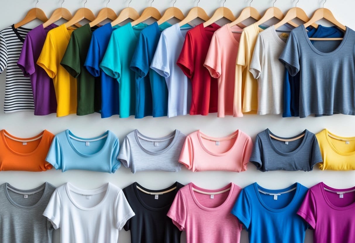 A collection of 28 women's scoop neck T-shirts in various colors and patterns hanging on wooden hangers against a plain background.