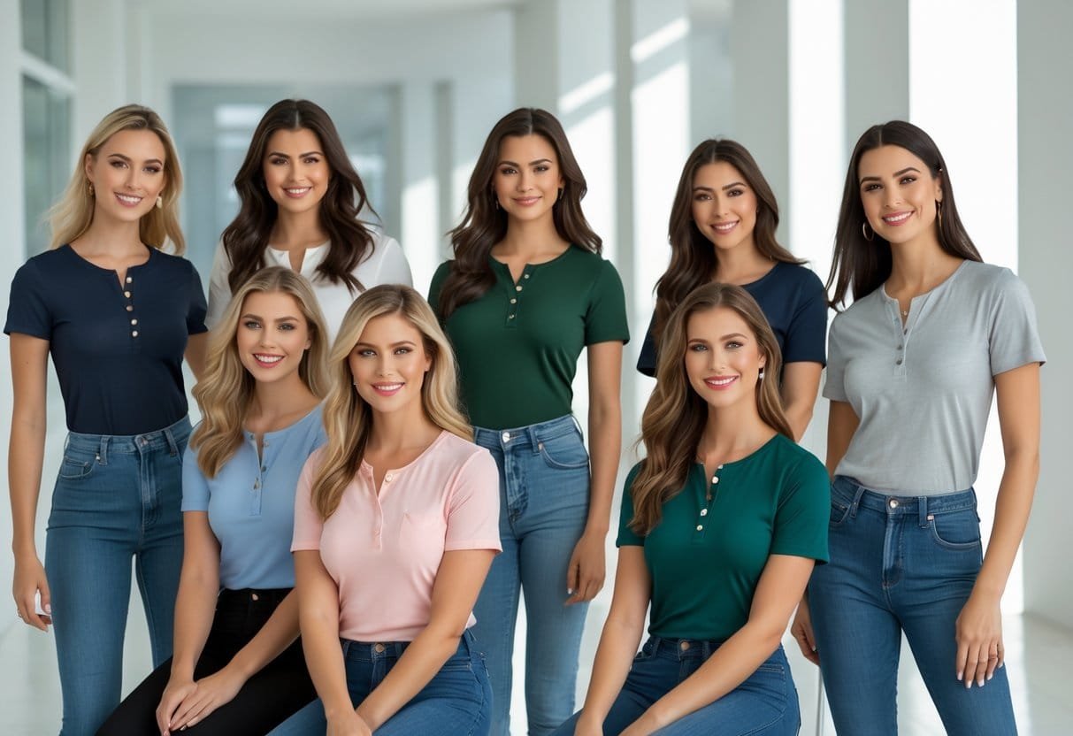 A group of women wearing different Henley T-shirts in various colors and styles, posing together indoors.