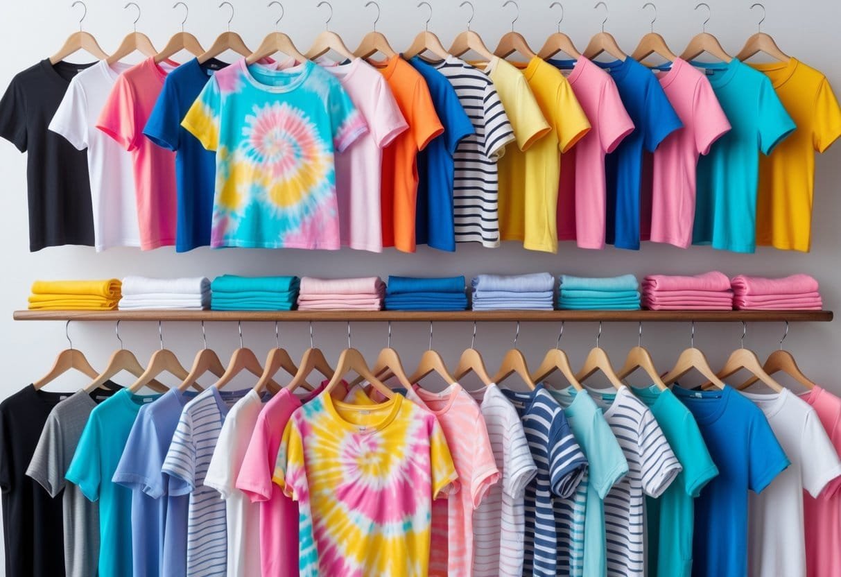 A collection of 28 women's T-shirts displayed on hangers, featuring various styles and colorful tie-dye patterns against a plain background.