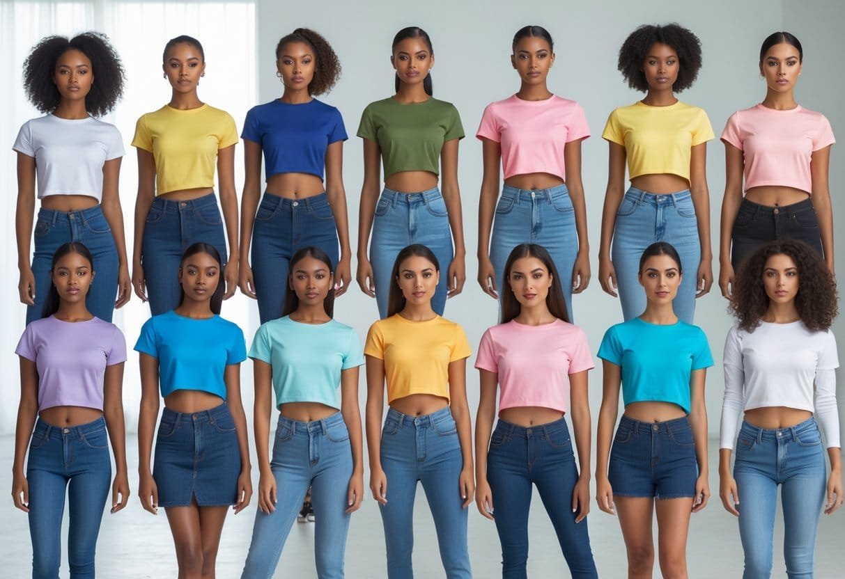 A group of women wearing various high-low hem T-shirts standing together in a bright studio.