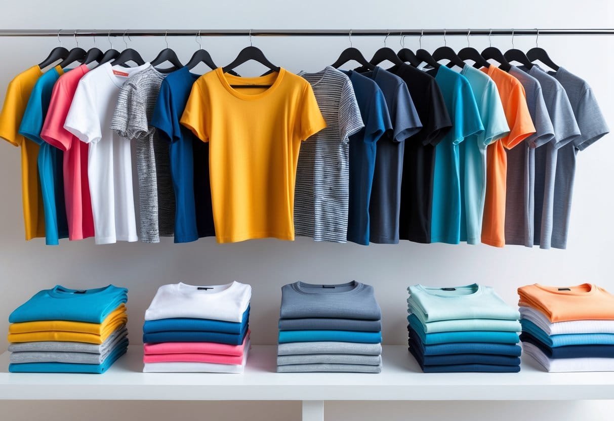A collection of 28 women's boxy fit T-shirts in various colors and patterns displayed on hangers and folded stacks against a white background.