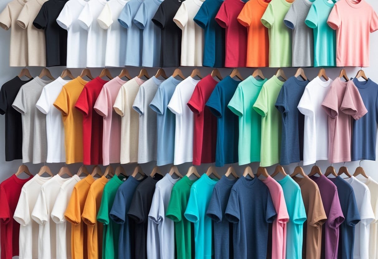 A collection of 28 women's mock neck T-shirts in various colors and styles displayed neatly against a plain background.
