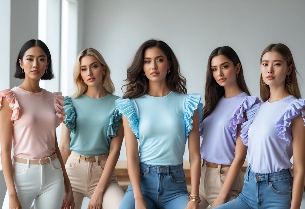 Several women wearing different ruffled sleeve T-shirts posing together in a bright studio.